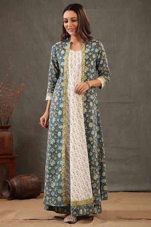 Shuddhi Cobalt Blue And Lemin Yellow Double Layered Dress