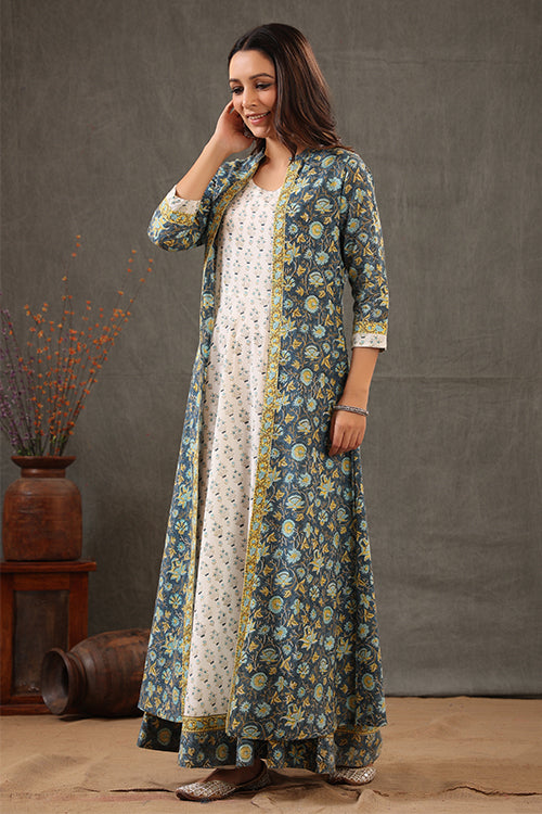 Shuddhi Cobalt Blue And Lemin Yellow Double Layered Dress
