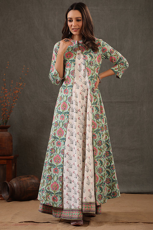 Shuddhi Mint Green Block Printed Double Layered Dress