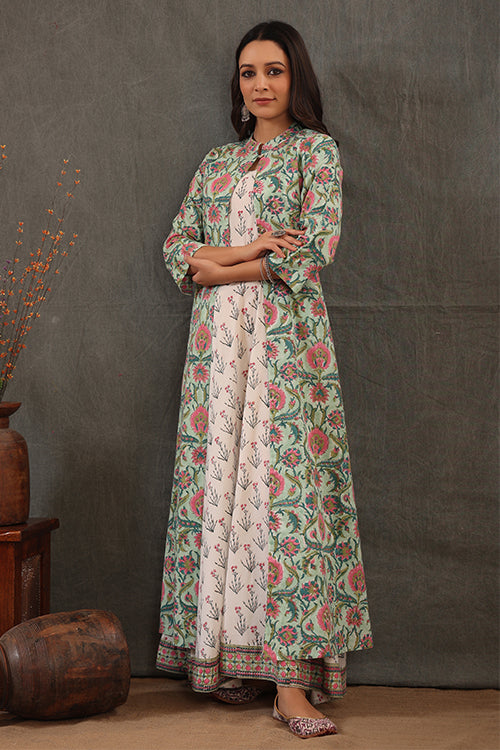 Shuddhi Mint Green Block Printed Double Layered Dress