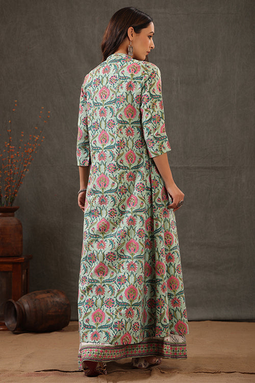 Shuddhi Mint Green Block Printed Double Layered Dress