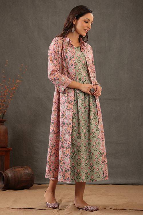 Shuddhi Salmon Pink With Mint Green Double Layered Dress