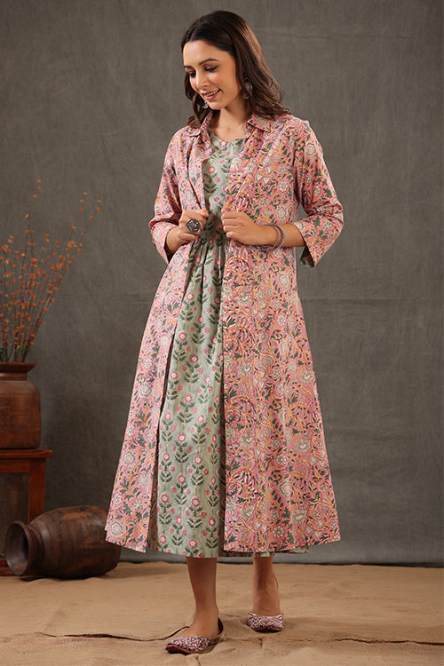 Shuddhi Salmon Pink With Mint Green Double Layered Dress