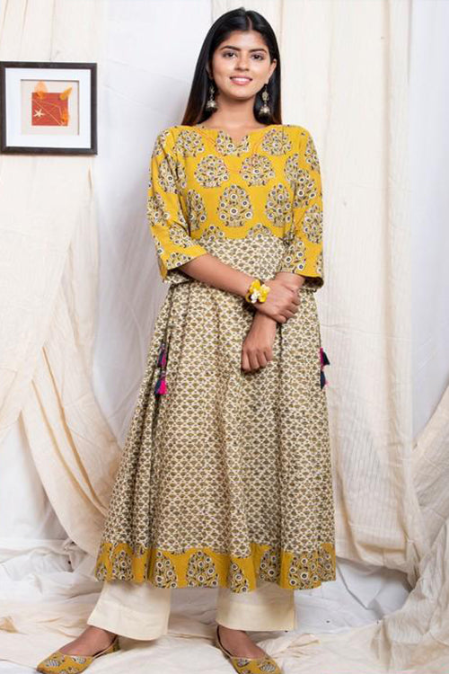 Mustard Dabu Print Cotton Anarkali Dress Set - Baisacrafts - 3748678