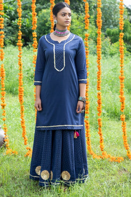 Shuddhi Blue and Pink Skirt,kurta and Duppatta set.