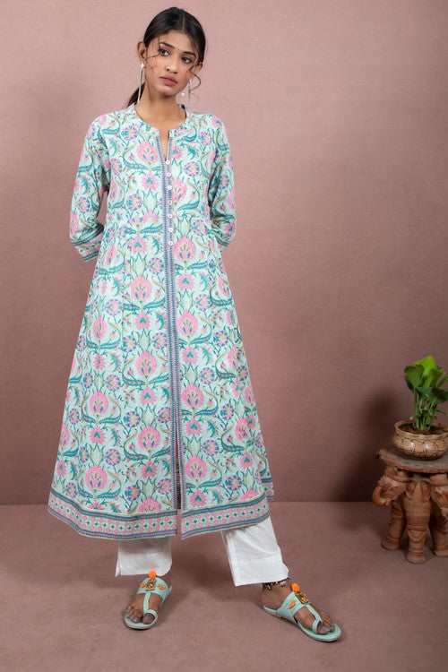 Shuddi Mint Green and Bubble Gum Block Printed Cotton Kurta For Women Online