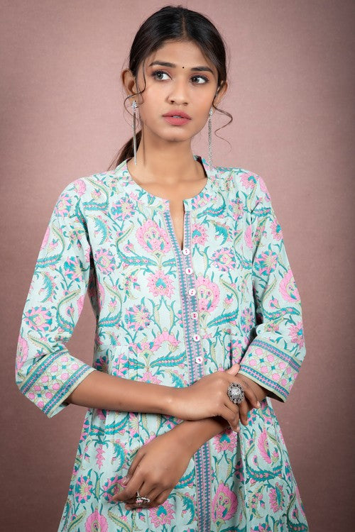 Shuddi Mint Green and Bubble Gum Block Printed Cotton Kurta For Women Online