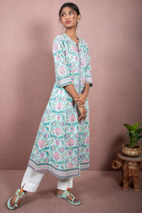 Shuddhi mint green and bubble gum cotton kurta.