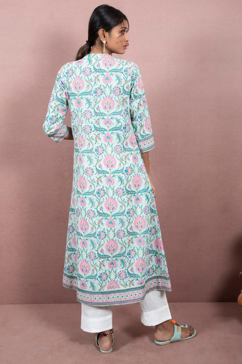 Shuddhi mint green and bubble gum cotton kurta.