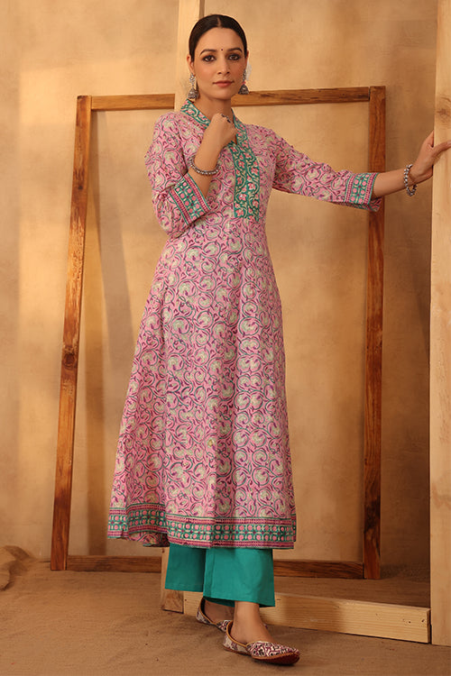 Shuddi Carnation Pink Block Printed Anarkali Kurta For Women Online