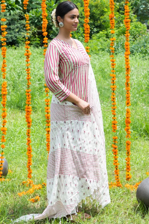 Shuddhi Pink and Green stripes A line kurta and dupptta set.