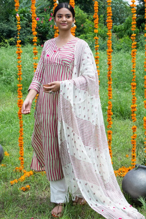 Shuddhi Pink and Green stripes A line kurta and dupptta set.