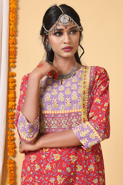 Red and Yellow Handblock Printed kurta with Kota Duppatta