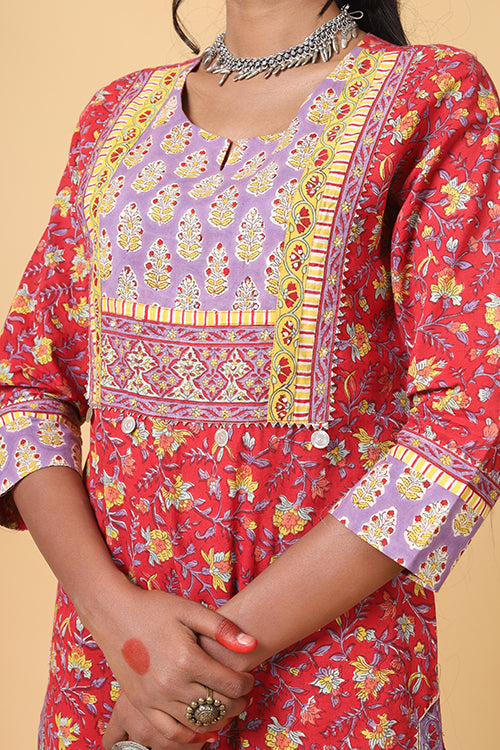 Red and Yellow Handblock Printed kurta with Kota Duppatta