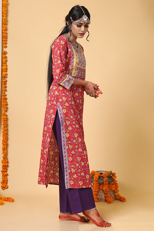 Red and Yellow Handblock Printed kurta with Kota Duppatta