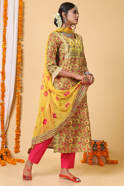 Mustard and Yellow Handblock Printed kurta With Bhandej Duppatta