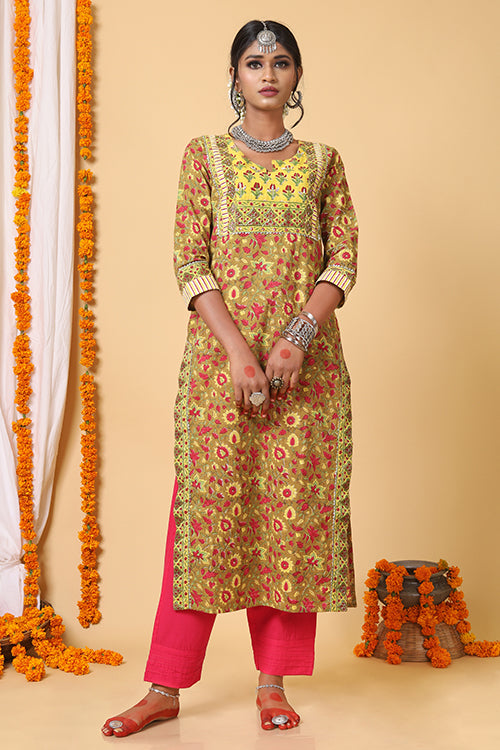 Mustard and Yellow Handblock Printed kurta With Bhandej Duppatta