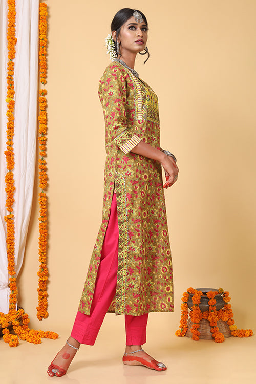 Mustard and Yellow Handblock Printed kurta With Bhandej Duppatta