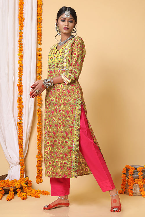 Mustard and Yellow Handblock Printed kurta With Bhandej Duppatta