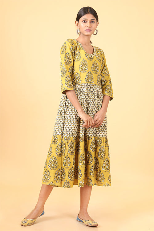 Shuddhi Beige and canarry yellow Handblock Printed long Dress