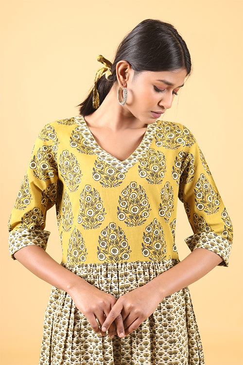 Shuddhi Beige and canarry yellow Handblock Printed long Dress