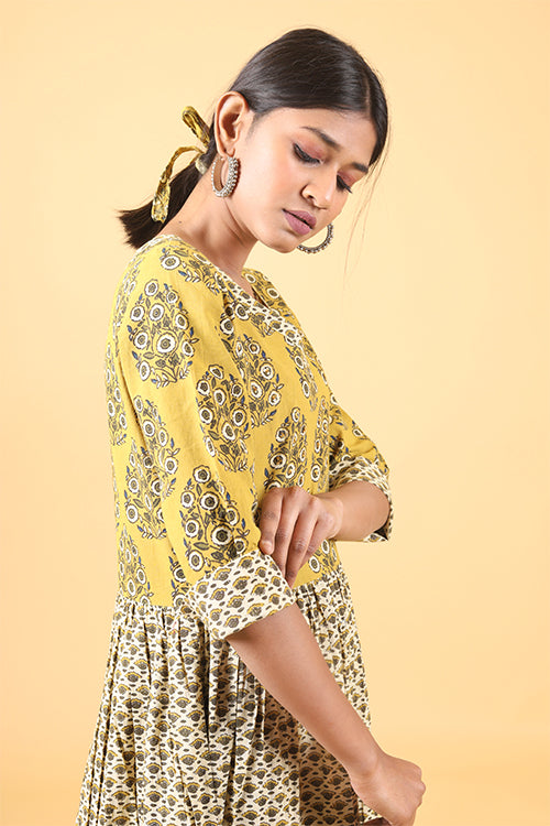 Shuddhi Beige and canarry yellow Handblock Printed long Dress