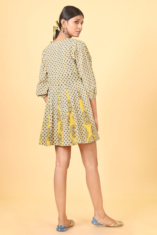 Shuddhi Beige and canarry yellow  Handblock Printed Dress