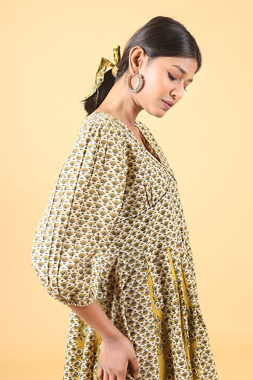 Shuddhi Beige and canarry yellow  Handblock Printed Dress