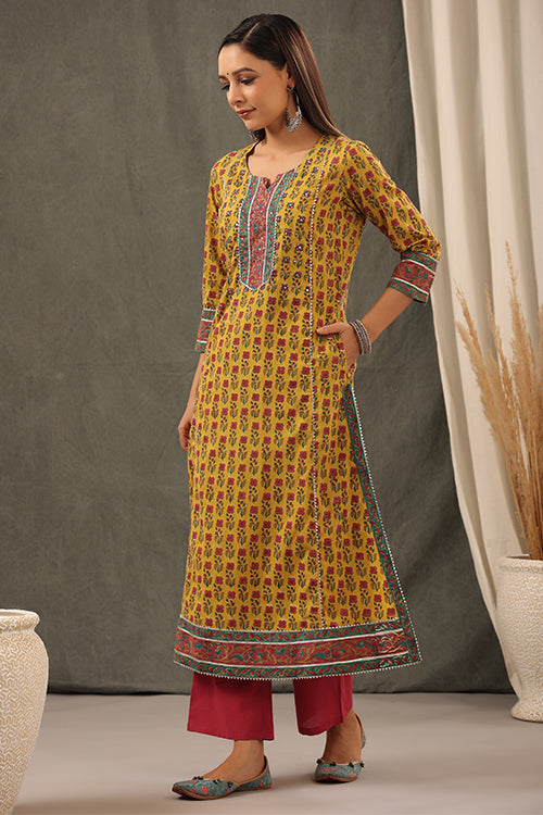 Shuddhi Mustard Cotton Kurta Duppatta Set