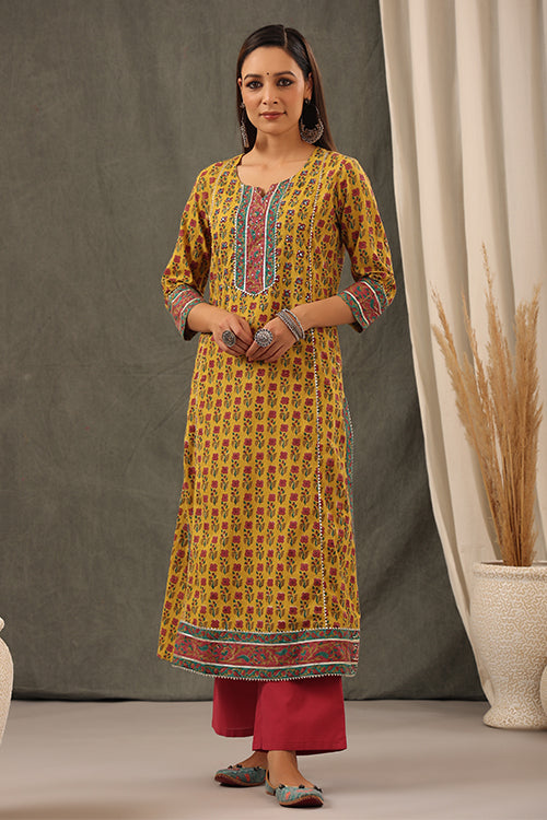 Shuddhi Mustard Cotton Kurta Duppatta Set