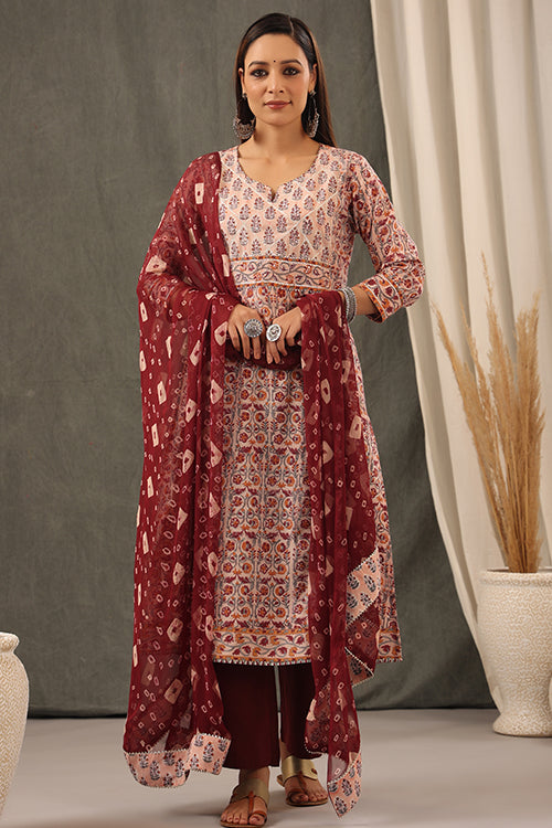 Shuddhi Coral Red Floral Block Print Kurta and Dupatta Set For Women Online