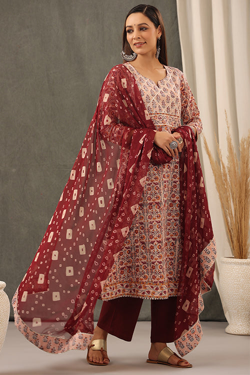 Shuddhi Coral Red Floral Cotton Kurta And Duppatta