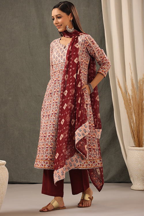 Shuddhi Coral Red Floral Cotton Kurta And Duppatta