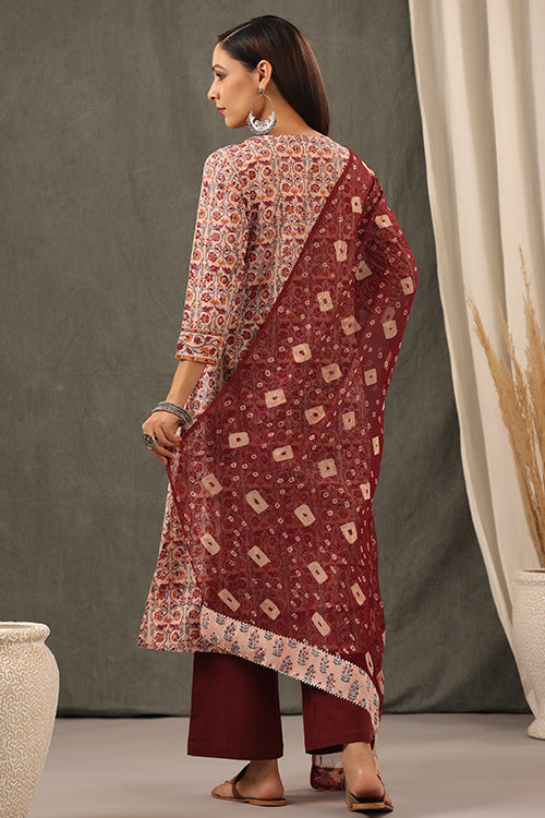 Shuddhi Coral Red Floral Cotton Kurta And Duppatta