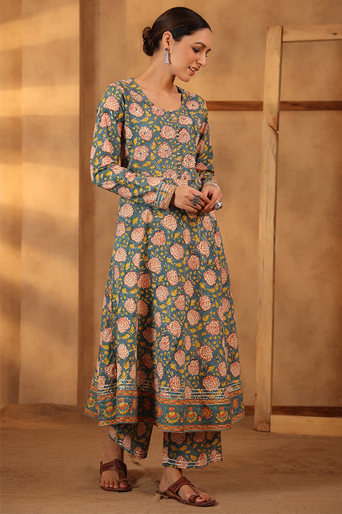 Shuddhi Bottle Green Block Print Kurta and Pant Set For Women Online