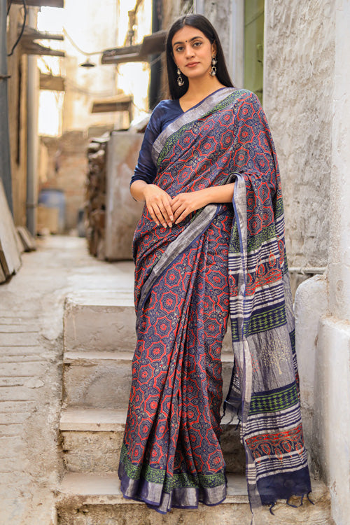 Sooti Syahi Udaan Handblock Printed Slub Cotton Saree Online