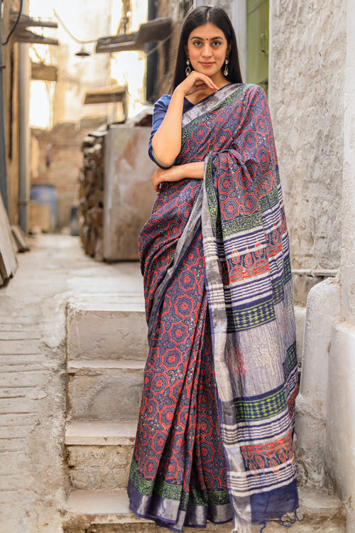 Sooti Syahi Udaan Handblock Printed Slub Cotton Saree Online