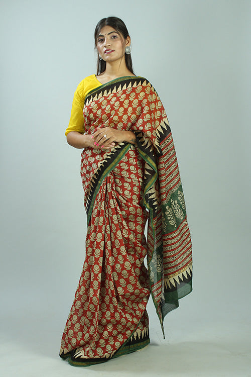 Buy Okhai Bagru Handblock Print Red & Green Chanderi Silk Saree Online 