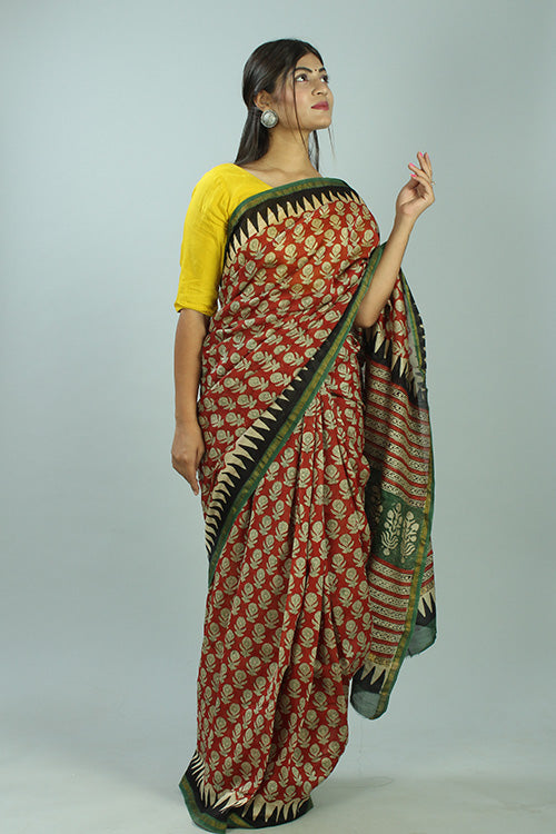 Buy Okhai Bagru Handblock Print Red & Green Chanderi Silk Saree Online 