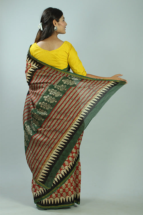 Sooti Syahi Bagru Handblock Print Chanderi Silk Saree-84