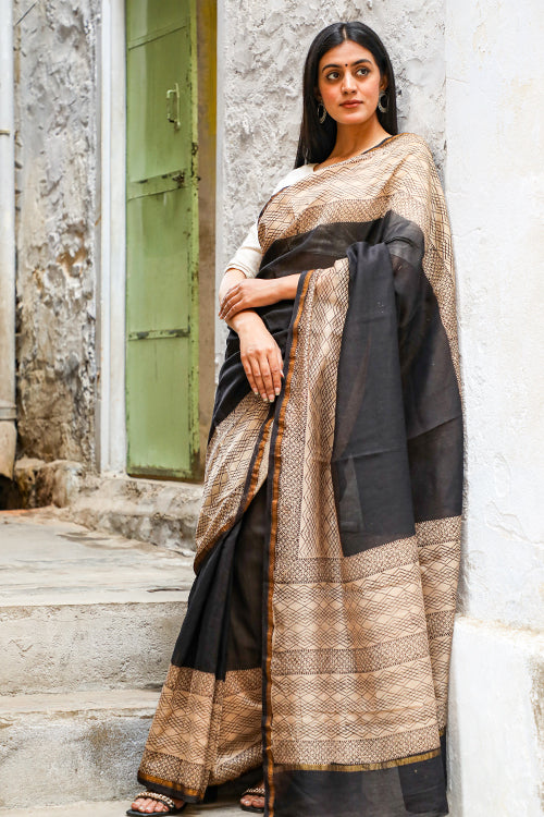 Sooti Syahi Silver Lining Bagru Handblock Print Chanderi Silk Saree Online