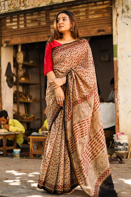 Paisley & Polkas Bagru Handblock Print Chanderi Silk Saree Online