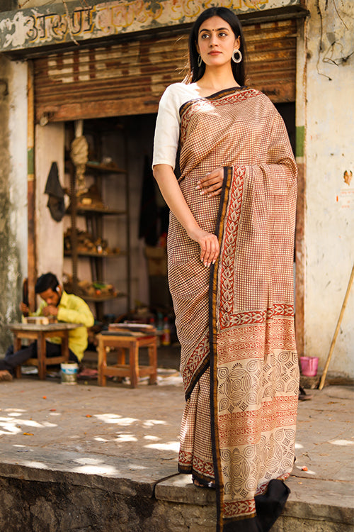 Perfecting Printing Heart Handblock Print Chanderi Silk Saree Online