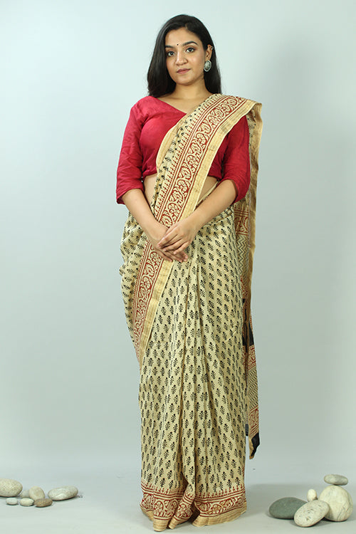 Sooti Syahi-Bagru Handblock Print Maheshwari Silk Saree-4