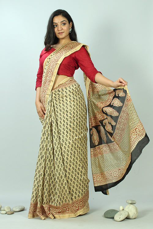 Sooti Syahi-Bagru Handblock Print Maheshwari Silk Saree-4