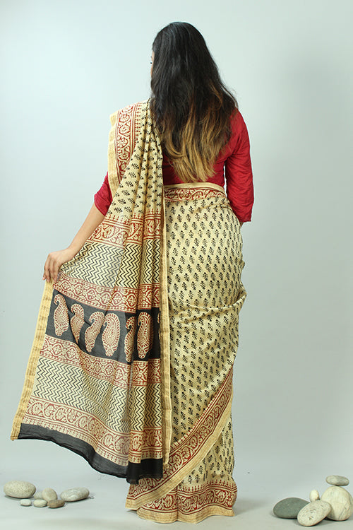 Sooti Syahi-Bagru Handblock Print Maheshwari Silk Saree-4