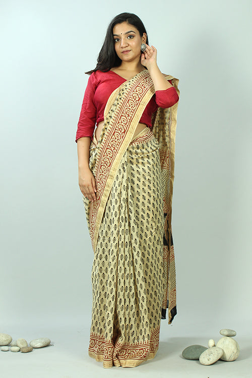 Sooti Syahi-Bagru Handblock Print Maheshwari Silk Saree-4