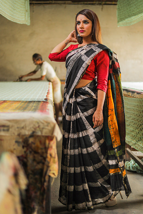  Batik Handblock Print Black & Grey Chanderi Silk Saree Online 