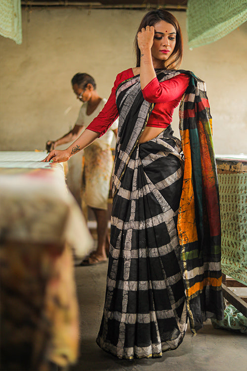  Batik Handblock Print Black & Grey Chanderi Silk Saree Online 