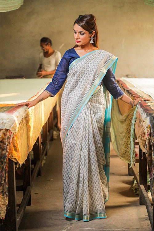 Pigment Hand Block Print Maheshwari Silk Saree Online
